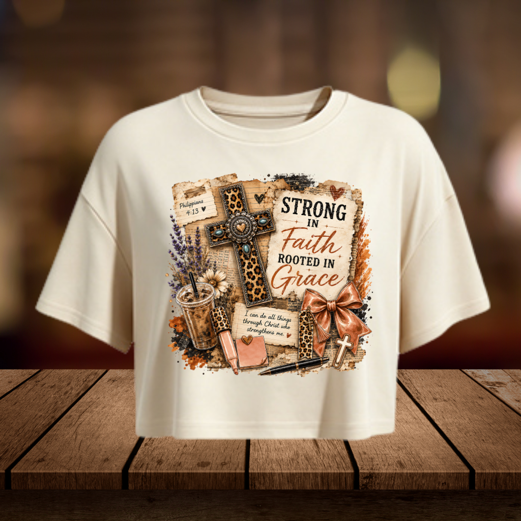 Strong in Faith Rooted in Grace Christian Crop Top | Aesthetic Western Vintage Cross Shirt | Religious Faith Tee for Women