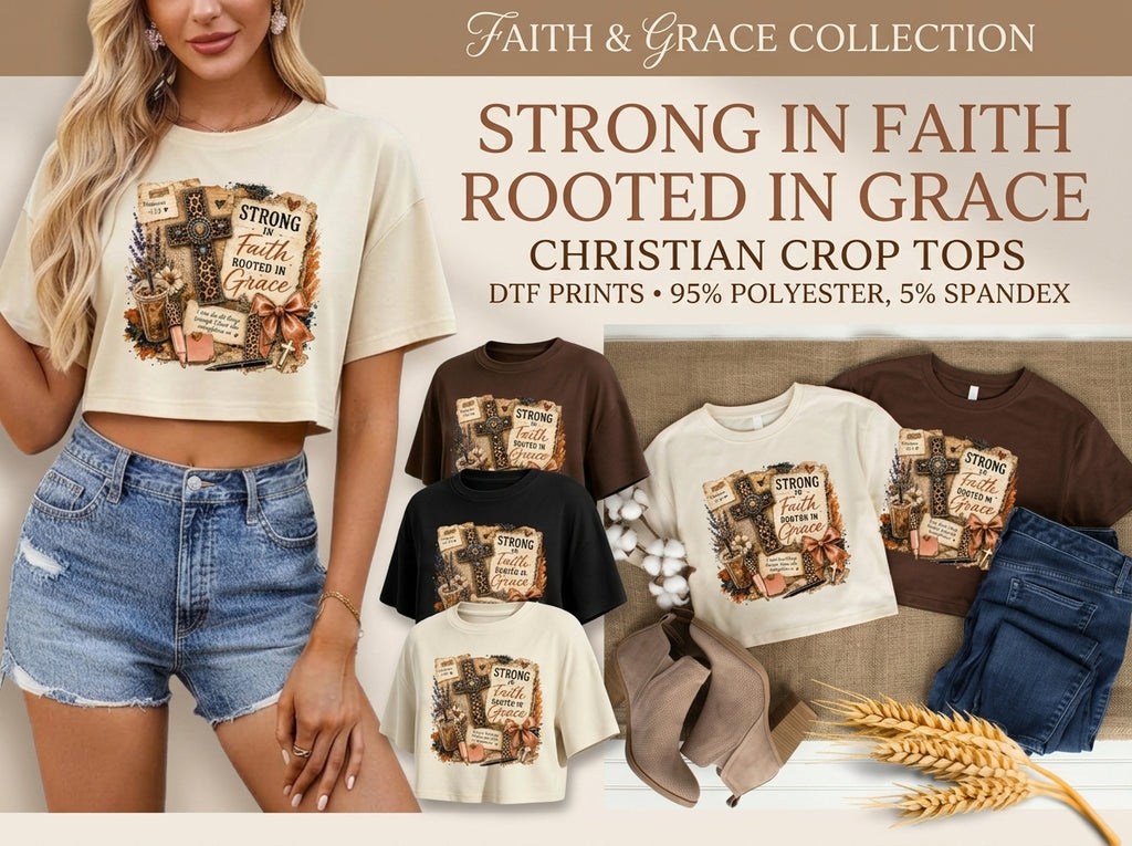 Strong in Faith Rooted in Grace Christian Crop Top | Aesthetic Western Vintage Cross Shirt | Religious Faith Tee for Women