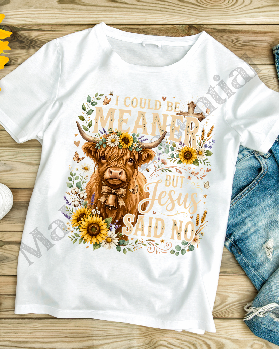 Funny Christian Highland Cow Shirt, I Could Be Meaner But Jesus Said No T-Shirt, Cute Western Floral Cow Tee, Southern Country Faith Gift