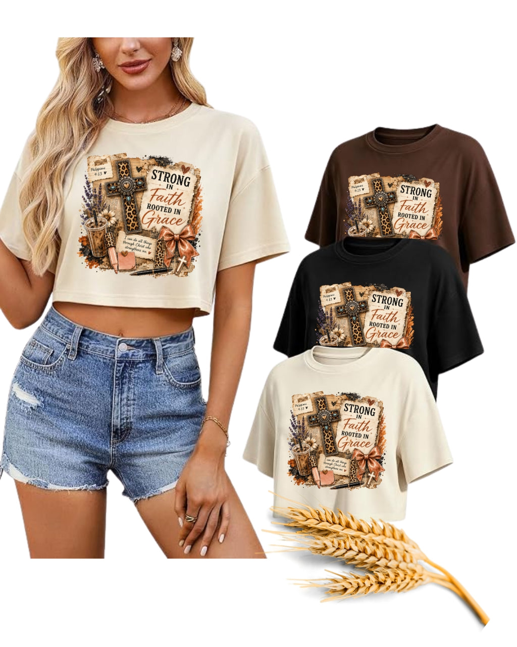 Strong in Faith Rooted in Grace Christian Crop Top | Aesthetic Western Vintage Cross Shirt | Religious Faith Tee for Women